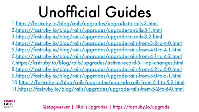 @etagwerker | #RailsUpgrades | https://fastruby.io/upgrade
Unofﬁcial Guides
104
1.https://fastruby.io/blog/rails/upgrades/upgrade-to-rails-3.html
2.https://fastruby.io/blog/rails/upgrades/upgrade-to-rails-3-1.html
3.https://fastruby.io/blog/rails/upgrades/upgrade-to-rails-3-2.html
4.https://fastruby.io/blog/rails/upgrades/upgrade-rails-from-3-2-to-4-0.html
5.https://fastruby.io/blog/rails/upgrades/upgrade-rails-from-4-0-to-4-1.html
6.https://fastruby.io/blog/rails/upgrades/upgrade-rails-from-4-1-to-4-2.html
7.https://fastruby.io/blog/rails/upgrades/active-record-5-1-api-changes.html
8.https://fastruby.io/blog/rails/upgrades/upgrade-rails-from-4-2-to-5-0.html
9.https://fastruby.io/blog/rails/upgrades/upgrade-rails-from-5-0-to-5-1.html
10.https://fastruby.io/blog/rails/upgrades/upgrade-rails-from-5-1-to-5-2.html
11.https://fastruby.io/blog/rails/upgrades/upgrade-rails-from-5-2-to-6-0.html
