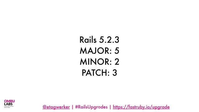 @etagwerker | #RailsUpgrades | https://fastruby.io/upgrade
Rails 5.2.3
MAJOR: 5
MINOR: 2
PATCH: 3
54
