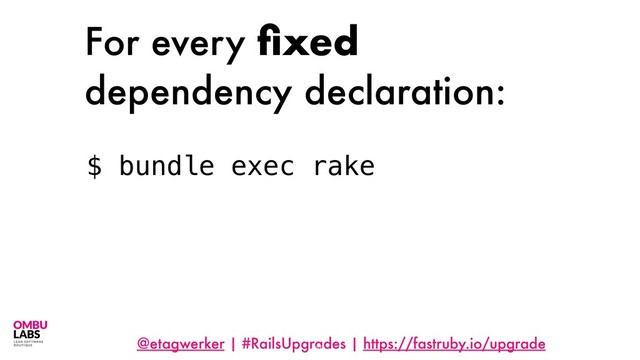 @etagwerker | #RailsUpgrades | https://fastruby.io/upgrade
For every ﬁxed
dependency declaration:
65
$ bundle exec rake
