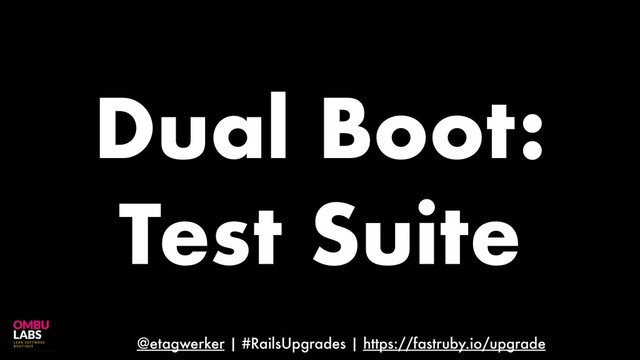 @etagwerker | #RailsUpgrades | https://fastruby.io/upgrade
Dual Boot:
Test Suite
