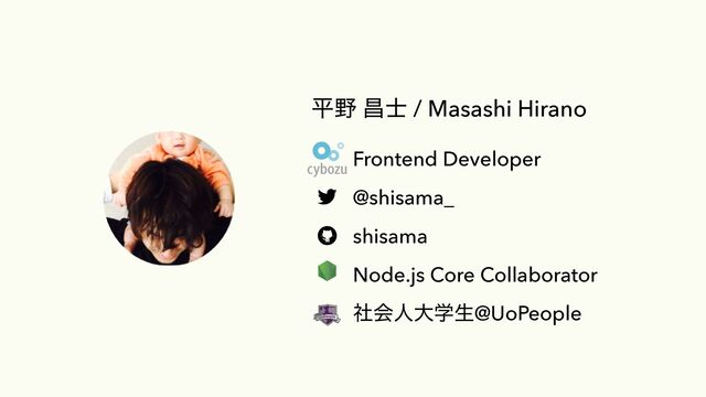 ฏ໺ ণ࢜ / Masashi Hirano
Frontend Developer


@shisama_


shisama


Node.js Core Collaborator


ࣾձਓେֶੜ@UoPeople


