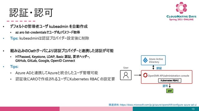 認証・認可
13
• Tips: kubeadminは認証プロバイダー設定後に削除
• Tips:
• Azure ADと連携してAzureと統合したユーザ管理可能
• 認証後にAROで作成されるユーザにKubernetes RBAC の設定要
Azure Active
Directory
OpenShift API/administration console
User 認証
認可
関連資料: https://docs.microsoft.com/ja-jp/azure/openshift/configure-azure-ad-ui
