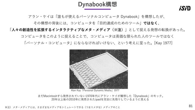 81
Dynabook構想
アラン・ケイは「誰もが使えるパーソナルコンピュータ Dynabook」を構想したが、
その構想の背後には、コンピュータを「目的達成のためのツール」ではなく、
「人々の創造性を拡張するインタラクティブなメタ・メディア（※注）」として捉える発想の転換があった。
コンピュータをこのように捉えることで、コンピュータは高価な限られた人のツールではなく
「パーソナル・コンピュータ」にならなければいけない、という考えに至った。[Kay 1977]
まだMacintoshすら発売されていない1970年代にアラン・ケイが構想した「Dynabook」のモック。
20年以上後の2010年に発売されたipadを完全に先取りしているように見える
Alan Kay「Personal Dynamic Media」1977
※注） メタ・メディアとは、さまざまなメディアをシミュレートできる（つまりメタな）メディアのこと
