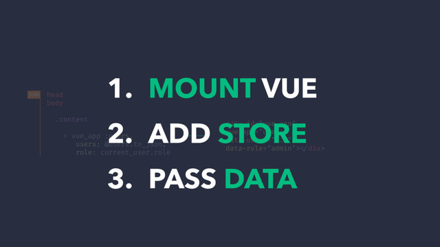 head
body
.content
= vue_app :users,
users: @users.to_json,
role: current_user.role
SLIM
<div>!</div>
1. MOUNT VUE
2. ADD STORE
3. PASS DATA
