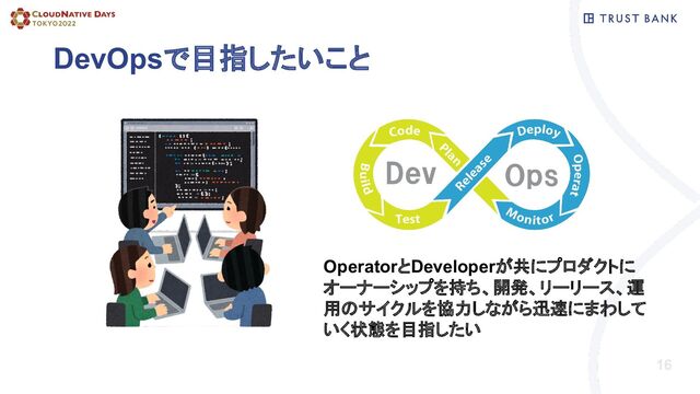 DevOpsで目指したいこと
16
OperatorとDeveloperが共にプロダクトに
オーナーシップを持ち、開発、リーリース、運
用のサイクルを協力しながら迅速にまわして
いく状態を目指したい
