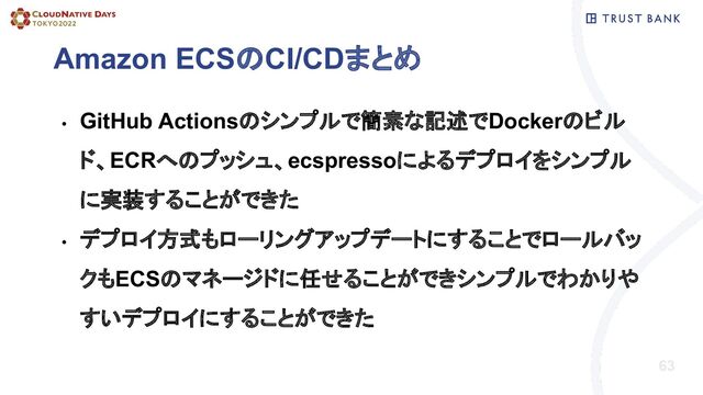 Amazon ECSのCI/CDまとめ
63
• GitHub Actionsのシンプルで簡素な記述でDockerのビル
ド、ECRへのプッシュ、ecspressoによるデプロイをシンプル
に実装することができた
• デプロイ方式もローリングアップデートにすることでロールバッ
クもECSのマネージドに任せることができシンプルでわかりや
すいデプロイにすることができた
