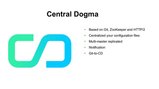 Central Dogma
• Based on Git, ZooKeeper and HTTP/2
• Centralized your configuration files
• Multi-master replicated
• Notification
• Git-to-CD
