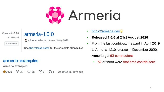 9
• https://armeria.dev🌟
• Released 1.0.0 at 21st August 2020
• From the last contributor reward in April 2019
to Armeria 1.3.0 release in December 2020,
Armeria got 63 contributors
• 52 of them were first-time contributors
