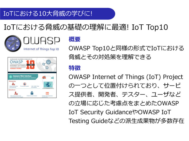 IoTにおける脅威の基礎の理解に最適! IoT Top10
概要
OWASP Top10と同様の形式でIoTにおける
脅威とその対処策を理解できる
特徴
OWASP Internet of Things (IoT) Project
の⼀つとして位置付けられており、サービ
ス提供者、開発者、テスター、ユーザなど
の⽴場に応じた考慮点をまとめたOWASP
IoT Security GuidanceやOWASP IoT
Testing Guideなどの派⽣成果物が多数存在
IoTにおける10⼤脅威の学びに!
