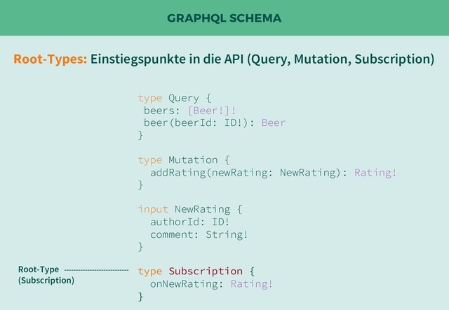 GRAPHQL SCHEMA
Root-Types: Einstiegspunkte in die API (Query, Mutation, Subscription)
type Query {
beers: [Beer!]!
beer(beerId: ID!): Beer
}
type Mutation {
addRating(newRating: NewRating): Rating!
}
input NewRating {
authorId: ID!
comment: String!
}
type Subscription {
onNewRating: Rating!
}
Root-Type
(Subscription)
