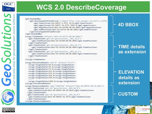 WCS 2.0 DescribeCoverage
4D BBOX
TIME details
as extension
ELEVATION
details as
extension
CUSTOM
