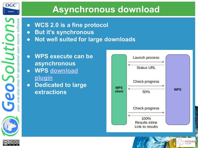 Asynchronous download
● WCS 2.0 is a fine protocol
● But it’s synchronous
● Not well suited for large downloads
● WPS execute can be
asynchronous
● WPS download
plugin
● Dedicated to large
extractions
