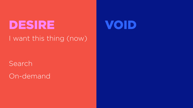 I want this thing (now)
Search
On-demand
DESIRE VOID
