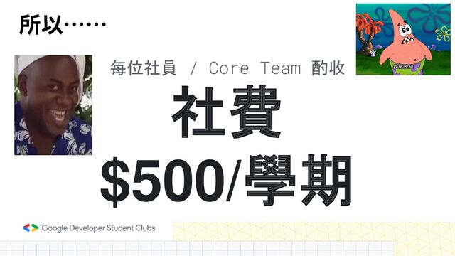 社費
$500/學期
每位社員 / Core Team 酌收

