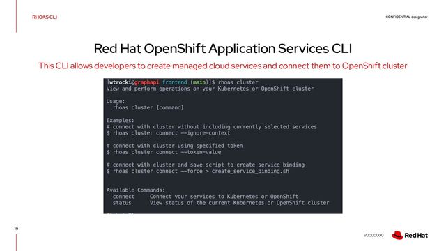 CONFIDENTIAL designator
V0000000
RHOAS CLI
19
Red Hat OpenShift Application Services CLI
This CLI allows developers to create managed cloud services and connect them to OpenShift cluster
