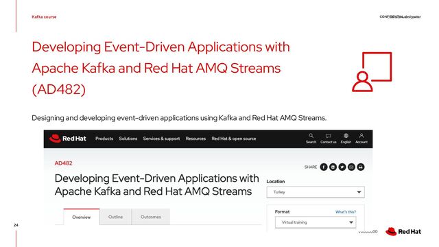 CONFIDENTIAL designator
V0000000
CONFIDENTIAL Designator
Developing Event-Driven Applications with
Apache Kafka and Red Hat AMQ Streams
(AD482)
Designing and developing event-driven applications using Kafka and Red Hat AMQ Streams.
Kafka course
24
