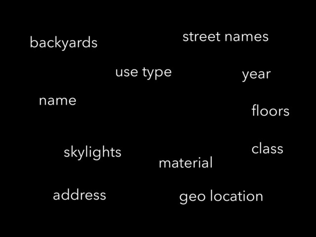material
use type
street names
address
ﬂoors
name
class
geo location
year
skylights
backyards
