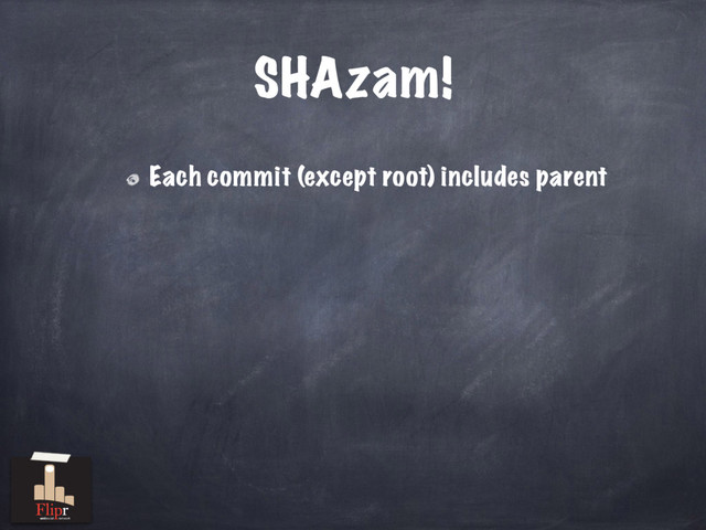 SHAzam!
Each commit (except root) includes parent
antisocial network
