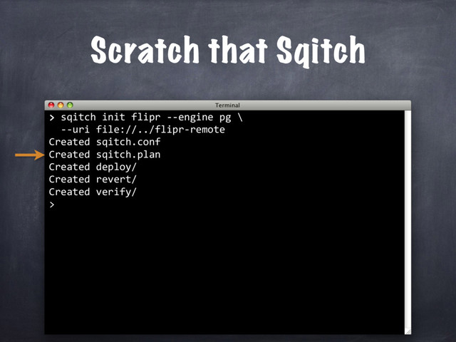 > sqitch init flipr --engine pg \
--uri file://../flipr-remote
Created sqitch.conf
Created sqitch.plan
Created deploy/
Created revert/
Created verify/
>
>
Scratch that Sqitch
