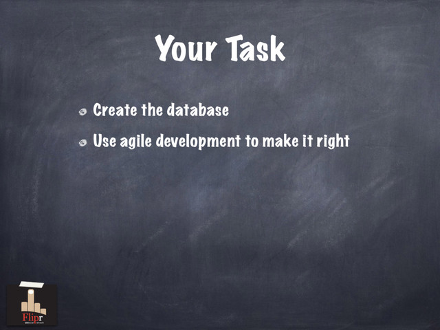 Your Task
Create the database
Use agile development to make it right
antisocial network

