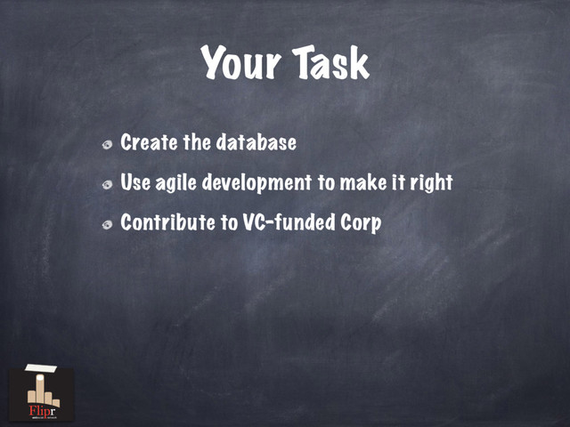 Your Task
Create the database
Use agile development to make it right
Contribute to VC-funded Corp
antisocial network
