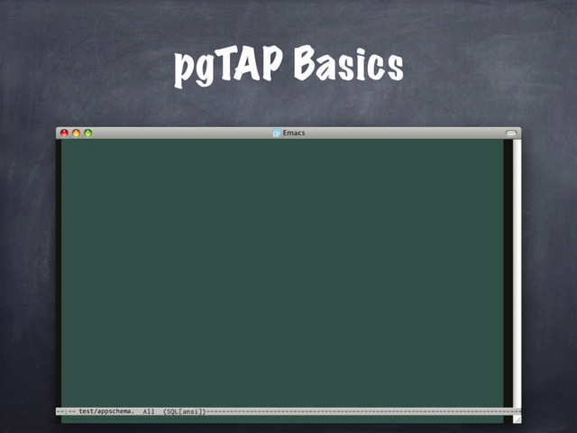 test/appschema.
pgTAP Basics
