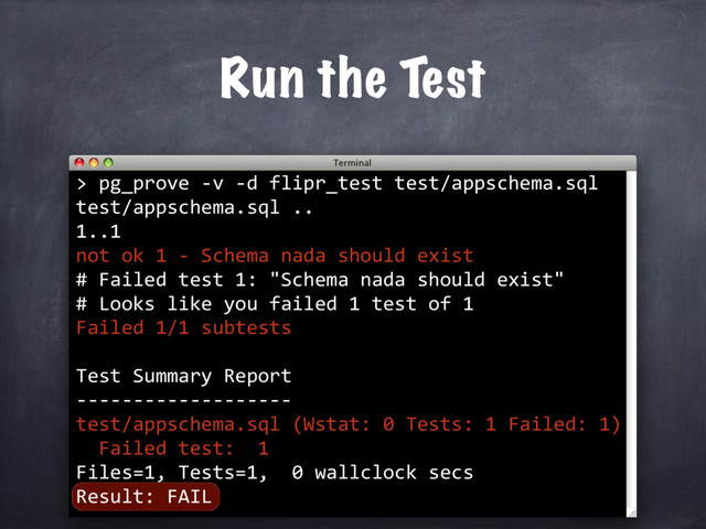 >
Run the Test
pg_prove -v -d flipr_test test/appschema.sql
test/appschema.sql ..
1..1
not ok 1 - Schema nada should exist
# Failed test 1: "Schema nada should exist"
# Looks like you failed 1 test of 1
Failed 1/1 subtests
Test Summary Report
-------------------
test/appschema.sql (Wstat: 0 Tests: 1 Failed: 1)
Failed test: 1
Files=1, Tests=1, 0 wallclock secs
Result: FAIL
