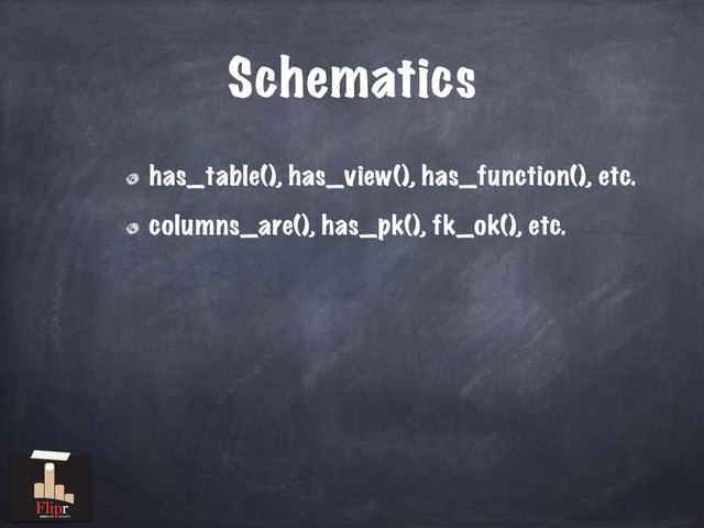 Schematics
has_table(), has_view(), has_function(), etc.
columns_are(), has_pk(), fk_ok(), etc.
antisocial network
