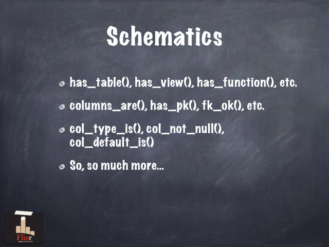 Schematics
has_table(), has_view(), has_function(), etc.
columns_are(), has_pk(), fk_ok(), etc.
col_type_is(), col_not_null(),
col_default_is()
So, so much more…
antisocial network
