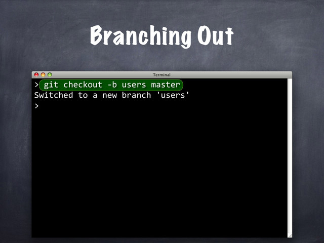 git checkout -b users master
Switched to a new branch 'users'
>
Branching Out
>
