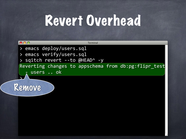 Revert Overhead
sqitch revert --to @HEAD^ -y
Reverting changes to appschema from db:pg:flipr_test
- users .. ok
>
Remove
> emacs deploy/users.sql
> emacs verify/users.sql
>
