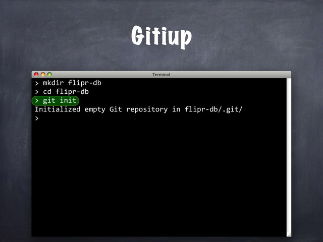 mkdir flipr-db
> cd flipr-db
> git init
Initialized empty Git repository in flipr-db/.git/
>
Gitiup
>
