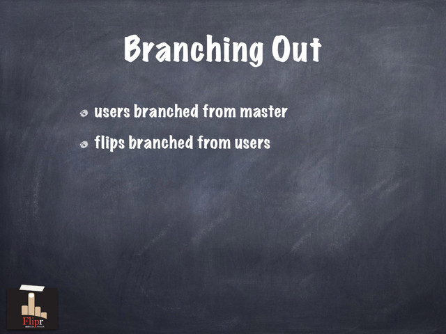 Branching Out
users branched from master
flips branched from users
antisocial network
