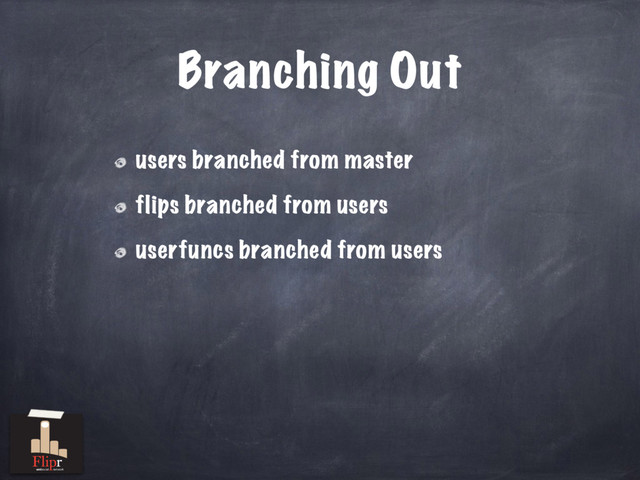 Branching Out
users branched from master
flips branched from users
userfuncs branched from users
antisocial network
