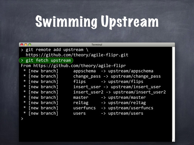 git remote add upstream \
https://github.com/theory/agile-flipr.git
>
Swimming Upstream
>
git fetch upstream
From https://github.com/theory/agile-flipr
* [new branch] appschema -> upstream/appschema
* [new branch] change_pass -> upstream/change_pass
* [new branch] flips -> upstream/flips
* [new branch] insert_user -> upstream/insert_user
* [new branch] insert_user2 -> upstream/insert_user2
* [new branch] master -> upstream/master
* [new branch] reltag -> upstream/reltag
* [new branch] userfuncs -> upstream/userfuncs
* [new branch] users -> upstream/users
>
