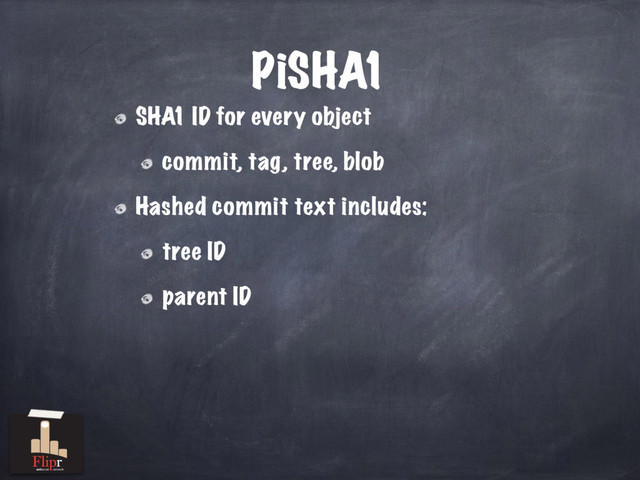 PiSHA1
SHA1 ID for every object
commit, tag, tree, blob
Hashed commit text includes:
tree ID
parent ID
antisocial network
