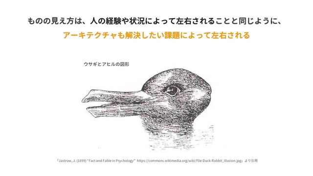 「Jastrow, J. (1899) “Fact and Fable in Psychology” https://commons.wikimedia.org/wiki/File:Duck-Rabbit_illusion.jpg」より引用
ものの見え方は、人の経験や状況によって左右されることと同じように、
アーキテクチャも解決したい課題によって左右される
ウサギとアヒルの図形
