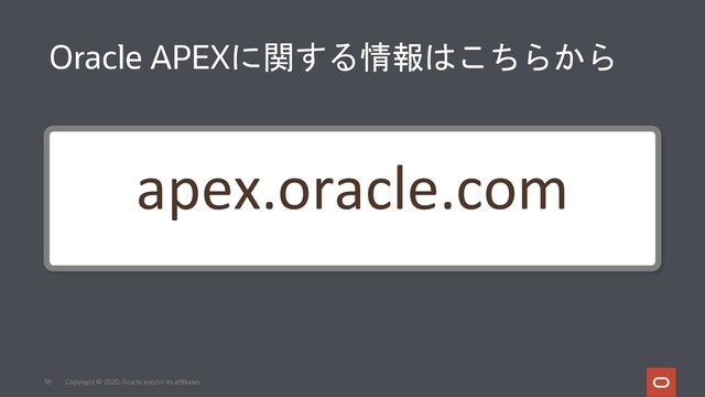 Copyright © 2020, Oracle and/or its affiliates
38
apex.oracle.com
Oracle APEXに関する情報はこちらから
