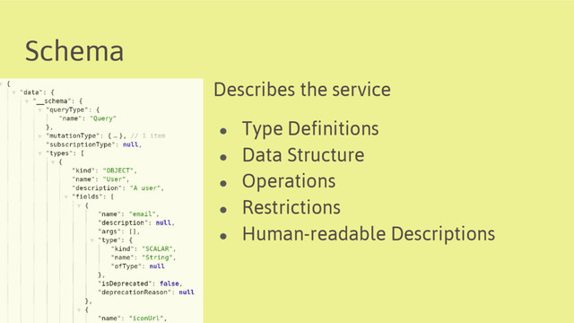 Schema
Describes the service
● Type Definitions
● Data Structure
● Operations
● Restrictions
● Human-readable Descriptions
