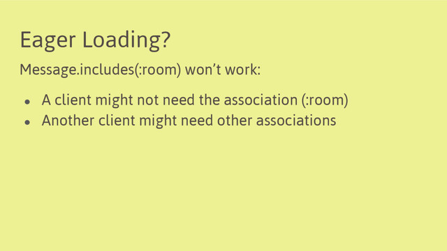Eager Loading?
Message.includes(:room) won’t work:
● A client might not need the association (:room)
● Another client might need other associations
