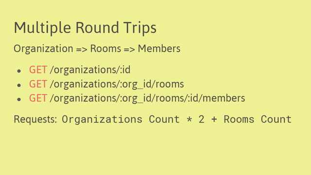 Multiple Round Trips
Organization => Rooms => Members
● GET /organizations/:id
● GET /organizations/:org_id/rooms
● GET /organizations/:org_id/rooms/:id/members
Requests: Organizations Count * 2 + Rooms Count
