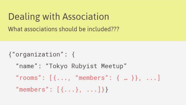 Dealing with Association
What associations should be included???
{“organization”: {
“name”: “Tokyo Rubyist Meetup”
“rooms”: [{..., “members”: { … }}, ...]
“members”: [{...}, ...]}}
