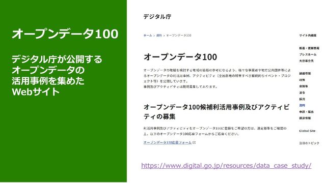オープンデータ100
デジタル庁が公開する
オープンデータの
活用事例を集めた
Webサイト
https://www.digital.go.jp/resources/data_case_study/
