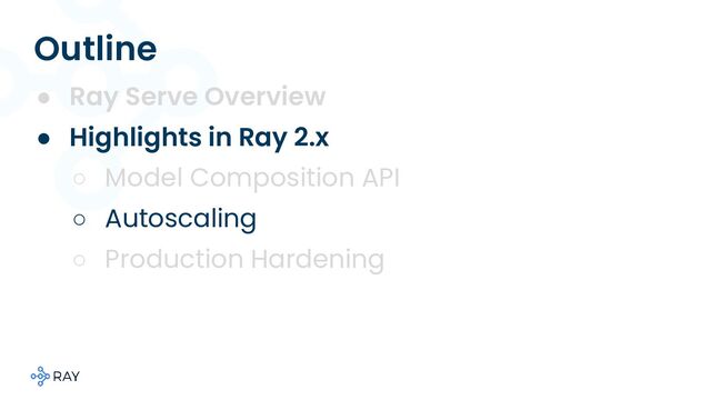 Outline
● Ray Serve Overview
● Highlights in Ray 2.x
○ Model Composition API
○ Autoscaling
○ Production Hardening

