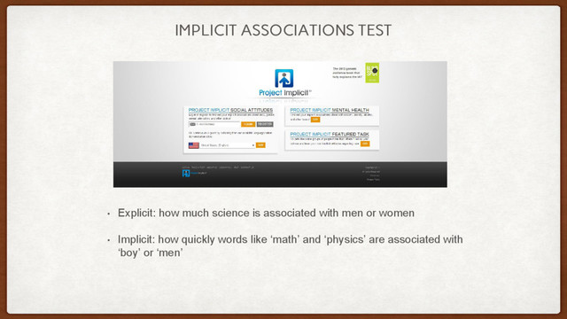 IMPLICIT ASSOCIATIONS TEST
• Explicit: how much science is associated with men or women
• Implicit: how quickly words like ‘math’ and ‘physics’ are associated with
‘boy’ or ‘men’
