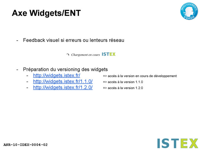 ANR-10-IDEX-0004-02
Axe Widgets/ENT
- Feedback visuel si erreurs ou lenteurs réseau
- Préparation du versioning des widgets
- http://widgets.istex.fr/ => accès à la version en cours de développement
- http://widgets.istex.fr/1.1.0/ => accès à la version 1.1.0
- http://widgets.istex.fr/1.2.0/ => accès à la version 1.2.0
