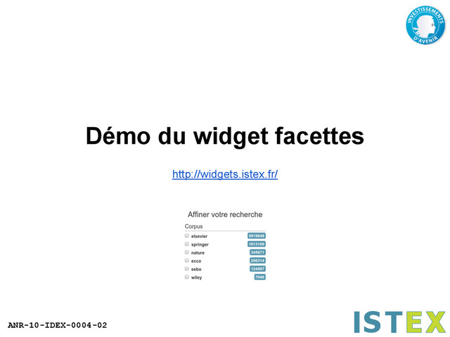 ANR-10-IDEX-0004-02
Démo du widget facettes
http://widgets.istex.fr/
