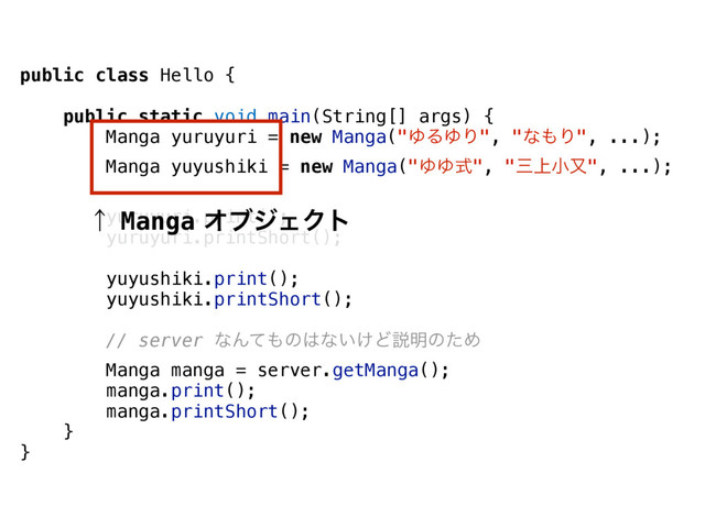 public class Hello {
public static void main(String[] args) {
Manga yuruyuri = new Manga("ΏΔΏΓ", "ͳ΋Γ", ...);
Manga yuyushiki = new Manga("ΏΏࣜ", "ࡾ্খຢ", ...);
yuruyuri.print();
yuruyuri.printShort();
yuyushiki.print();
yuyushiki.printShort();
// server ͳΜͯ΋ͷ͸ͳ͍͚Ͳઆ໌ͷͨΊ
Manga manga = server.getManga();
manga.print();
manga.printShort();
}
}
ˢMangaΦϒδΣΫτ
