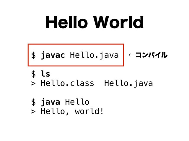 )FMMP8PSME
$ javac Hello.java
$ ls
> Hello.class Hello.java
$ java Hello
> Hello, world!
ˡίϯύΠϧ
