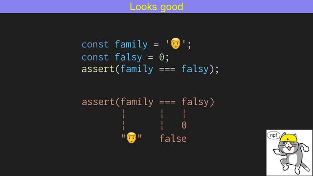 -PPLTHPPE
const family = '👨';


const falsy = 0;


assert(family === falsy);
assert(family === falsy)


| | |


| | 0


"👨" false


